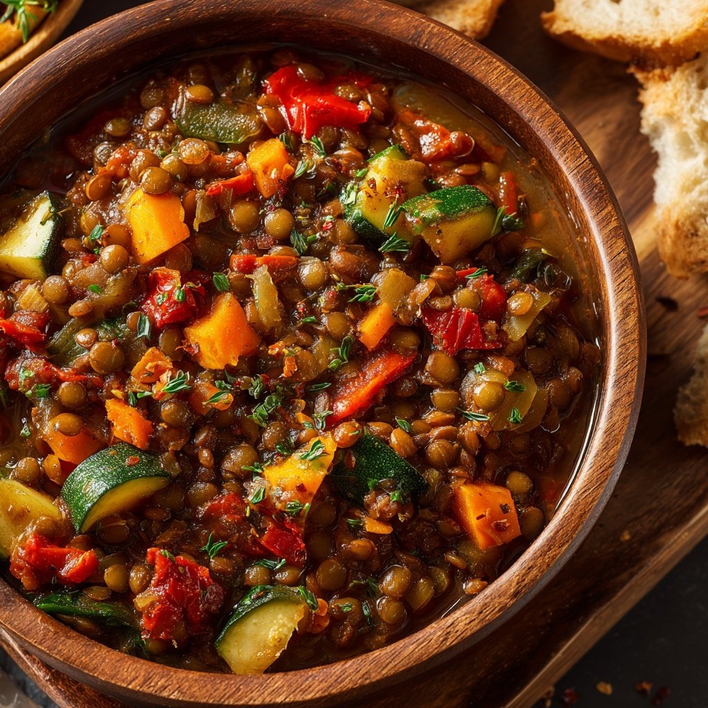 Mittagessen mit Linsen und Gemüse