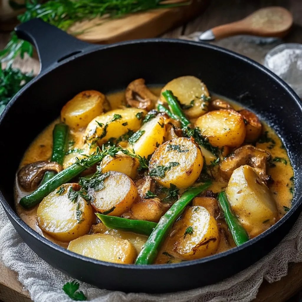 Kartoffel-Pilz-Pfanne mit grünen Bohnen