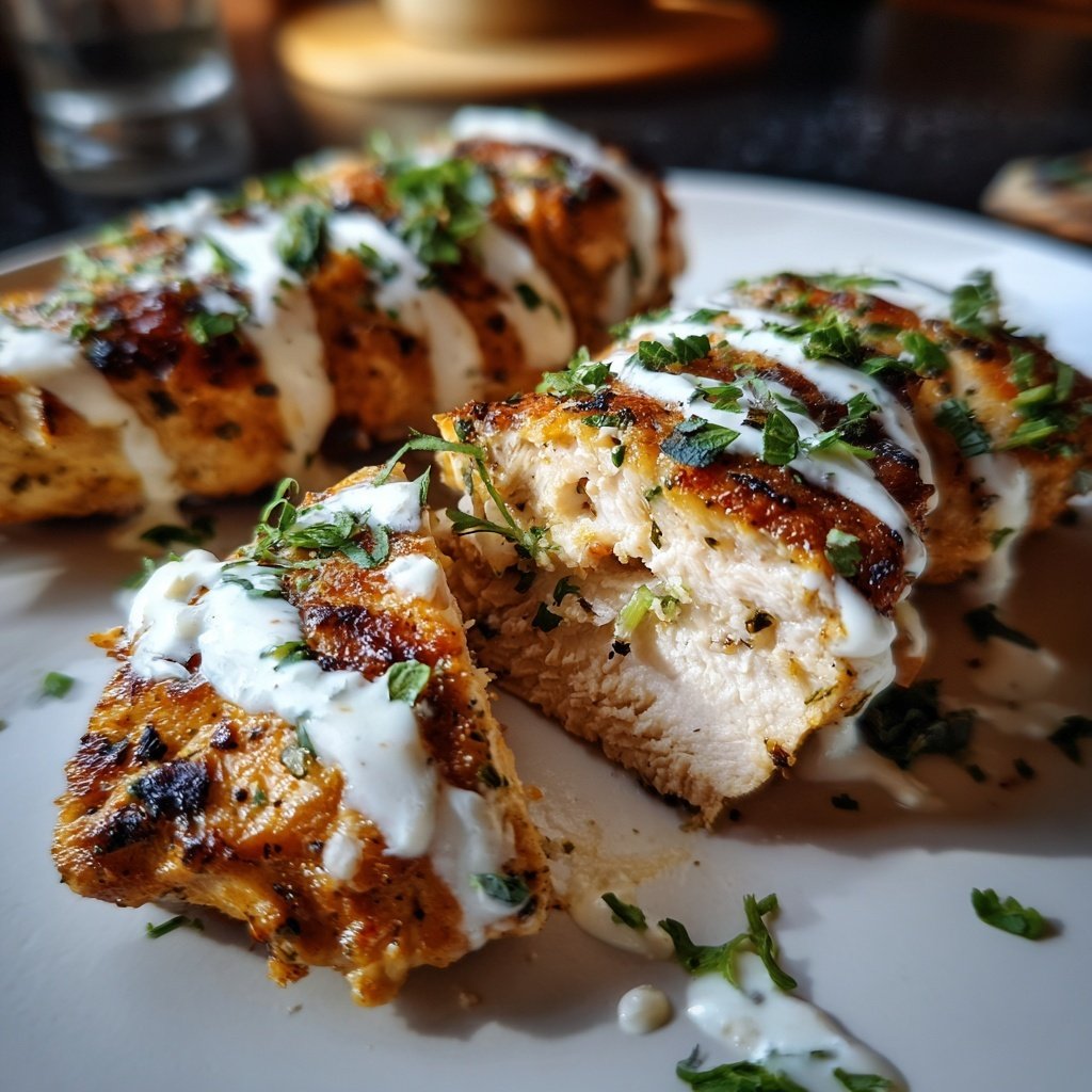 Gebratene Hähnchenbrust Mit Zitronen Joghurt Sauce